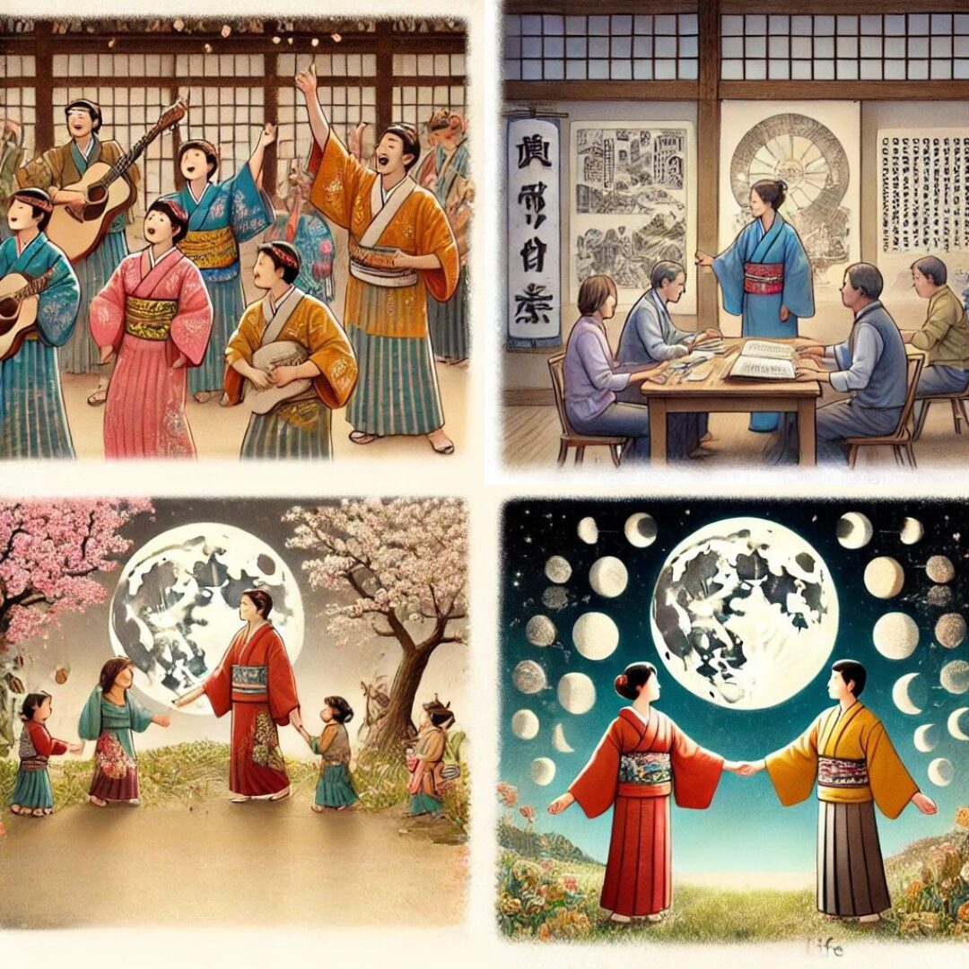 歌って踊る様子、歴史を学ぶ様子、旧暦を意識する様子、命の繋がりを感じる様子